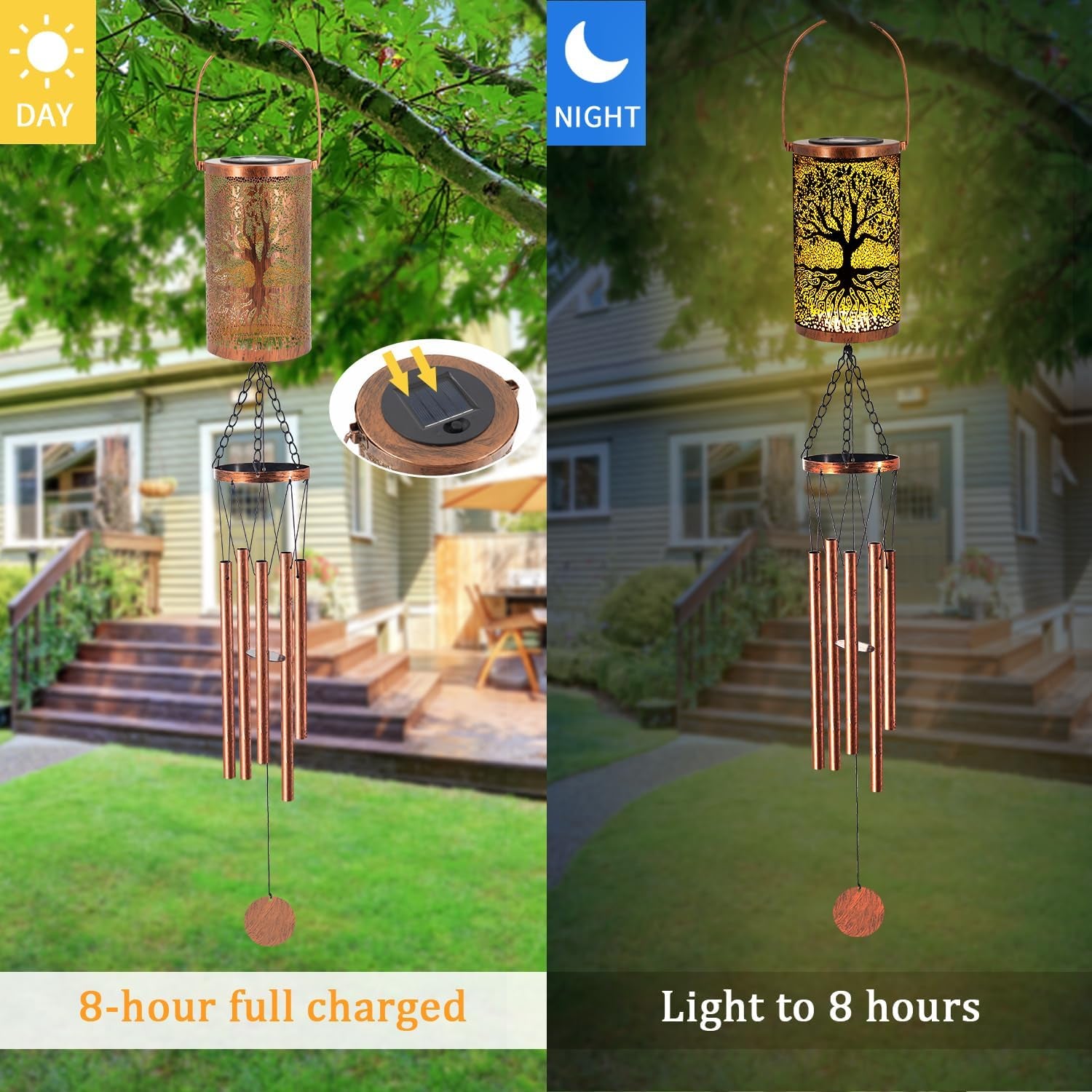 36" Solar Wind Chimes Hanging Lights Outdoor Detachable Led Lantern Metal Wind Chimes for outside Unique Tree Life Garden Hanging Solar Decorative as Gift for Mom Women Grandma (Bronze)