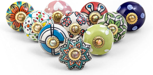 Ceramic Knobs for Cabinet Dresser Drawer and Furniture Hand Painted Antique Boho Cupboard Pull Knob Multicolor Pack of 10