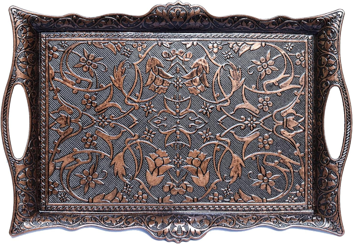 Ottoman Turkish Zamak Serving Tray with Traditional Motifs, Ideal for Coffee and Tea - Six Person Tray (14.5 X 9.85 In) (Copper)