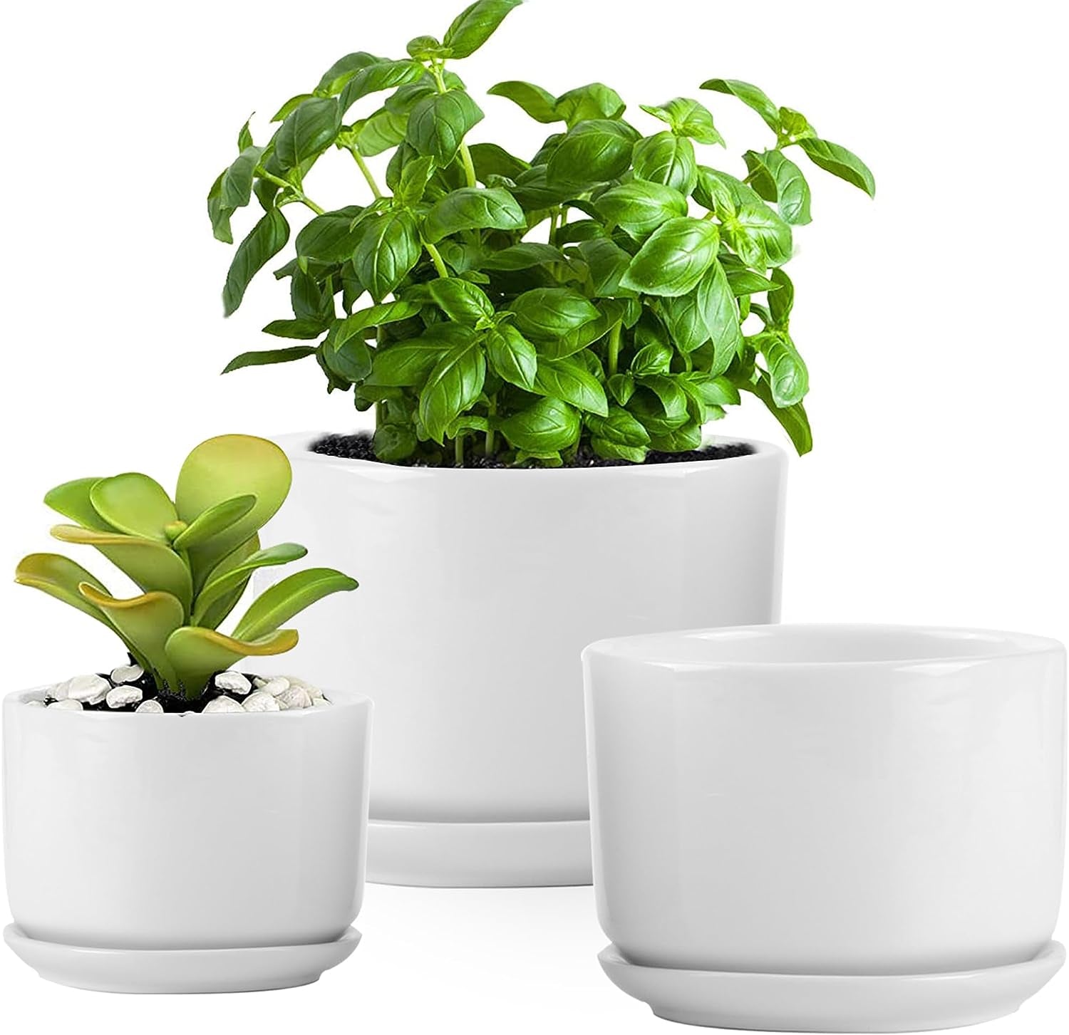 4+5+6 Inch Glazed Plant Pots with Connected Saucers, round Modern Ceramic Flower Pots - Small to Large Size for All House Plants, Flowers and Succulent, Set of 3 (White)
