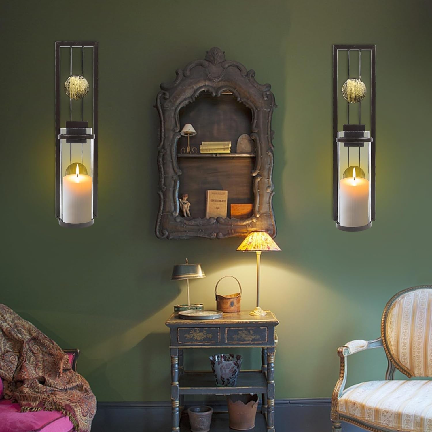 Set of 2 Wall Sconce with Candle Holders, Metal Antique Bronze Style Wall Classic Home Decorations(Not Include Candle), for Living Room, Bathroom, Dining Room