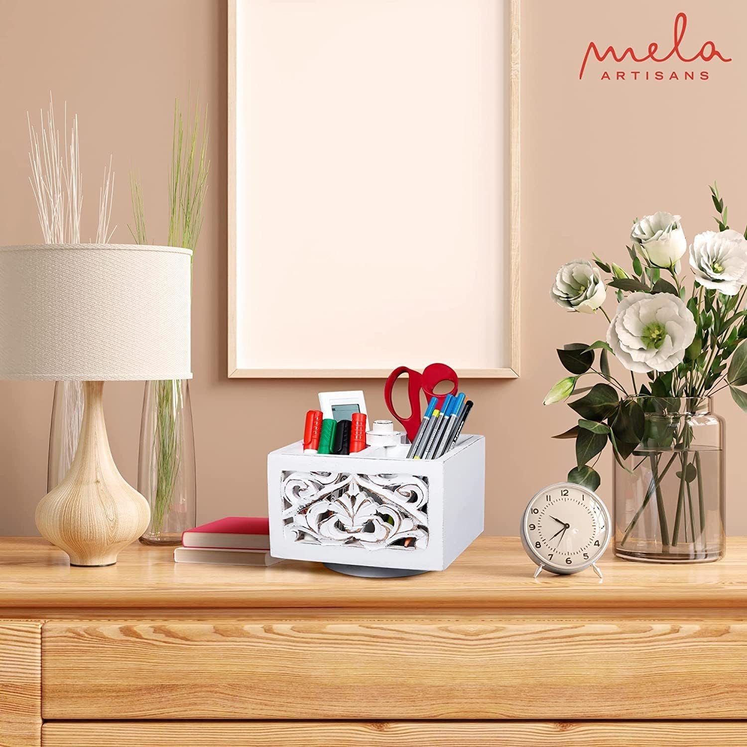 Spinning Wooden Pen Holder - Ellora, Shabby White | Pencil Cups for Desktop Organization | Rustic Farmhouse Decor | Elegant Office Desk Accessories | 4 Storage Compartments