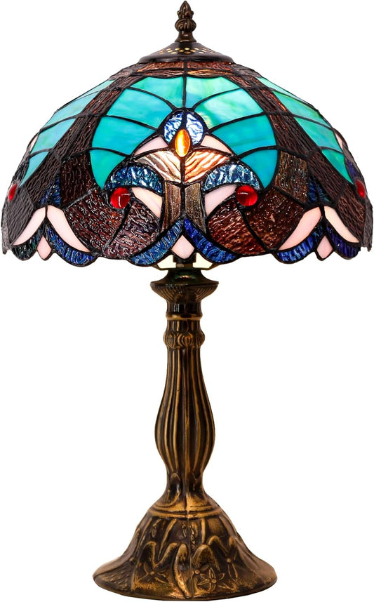 Tiffany Style Lamp Green Liaison Stained Glass Bedside Table Lamp Reading Desk Light 12X12X18 Inches Decor Nightstand Bedroom Living Room Home Office S160G Series