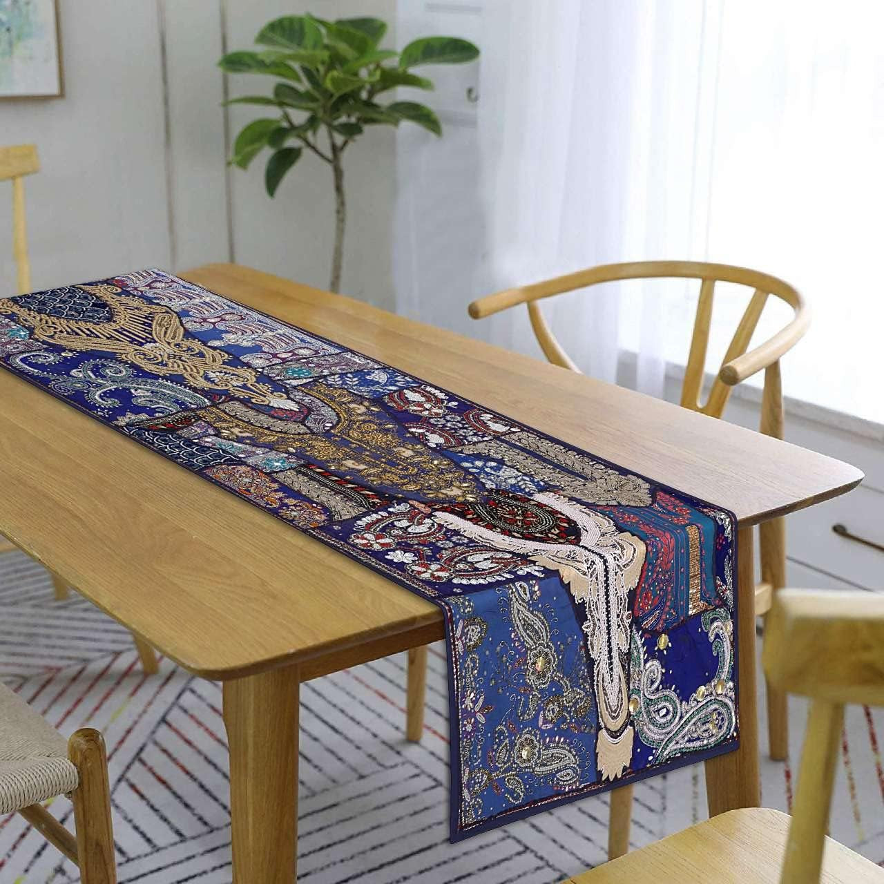 Linen Indian Table Runner 20" W X 80" L, Ethnic 100% Cotton Embroidered Handcrafted Mirror Art Long Patchwork Dining Indian Table Cloth (Blue)