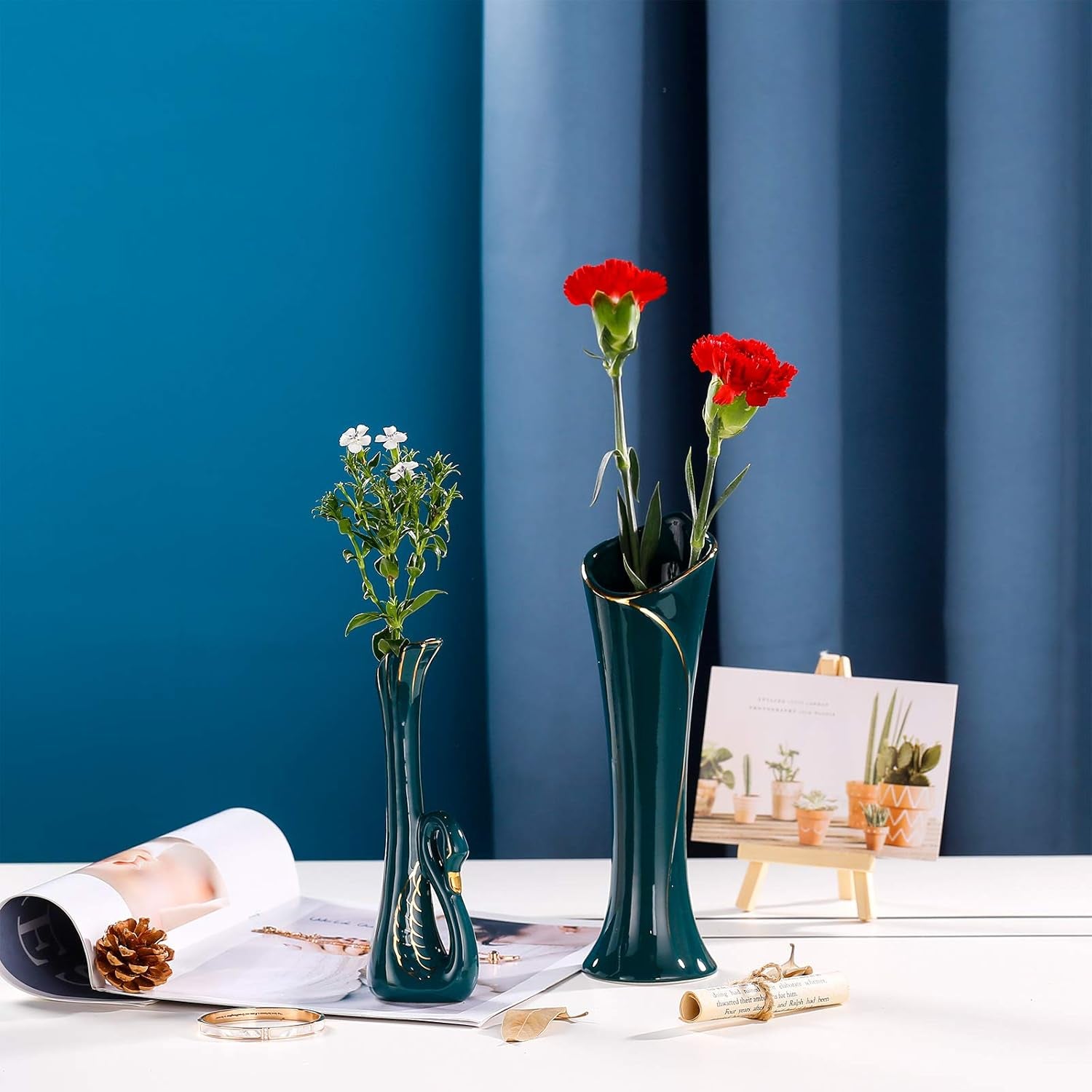 Set of 2 Ceramic Flower Vases, Retro Minimalism Ceramic Vases Elegant Swan Neck Shape Dry and Wet Flower Arrangement Vases for Home Decor, Green