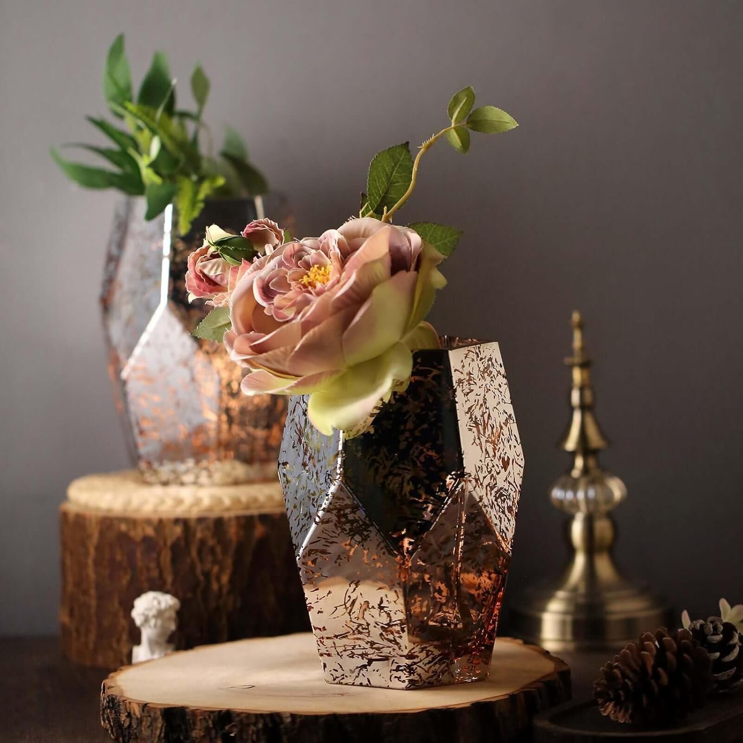 2 Pack 8" Pentagon Geometric Vases Mercury Glass Candle Holders - Silver | Rose Gold