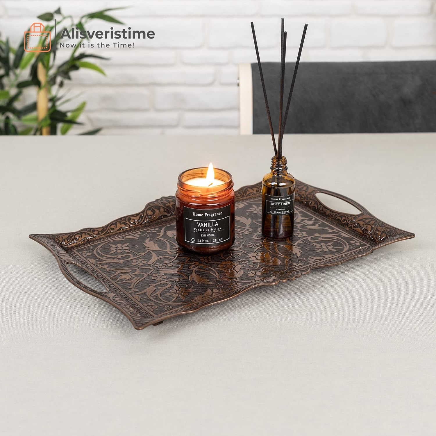 Ottoman Turkish Zamak Serving Tray with Traditional Motifs, Ideal for Coffee and Tea - Six Person Tray (14.5 X 9.85 In) (Copper)