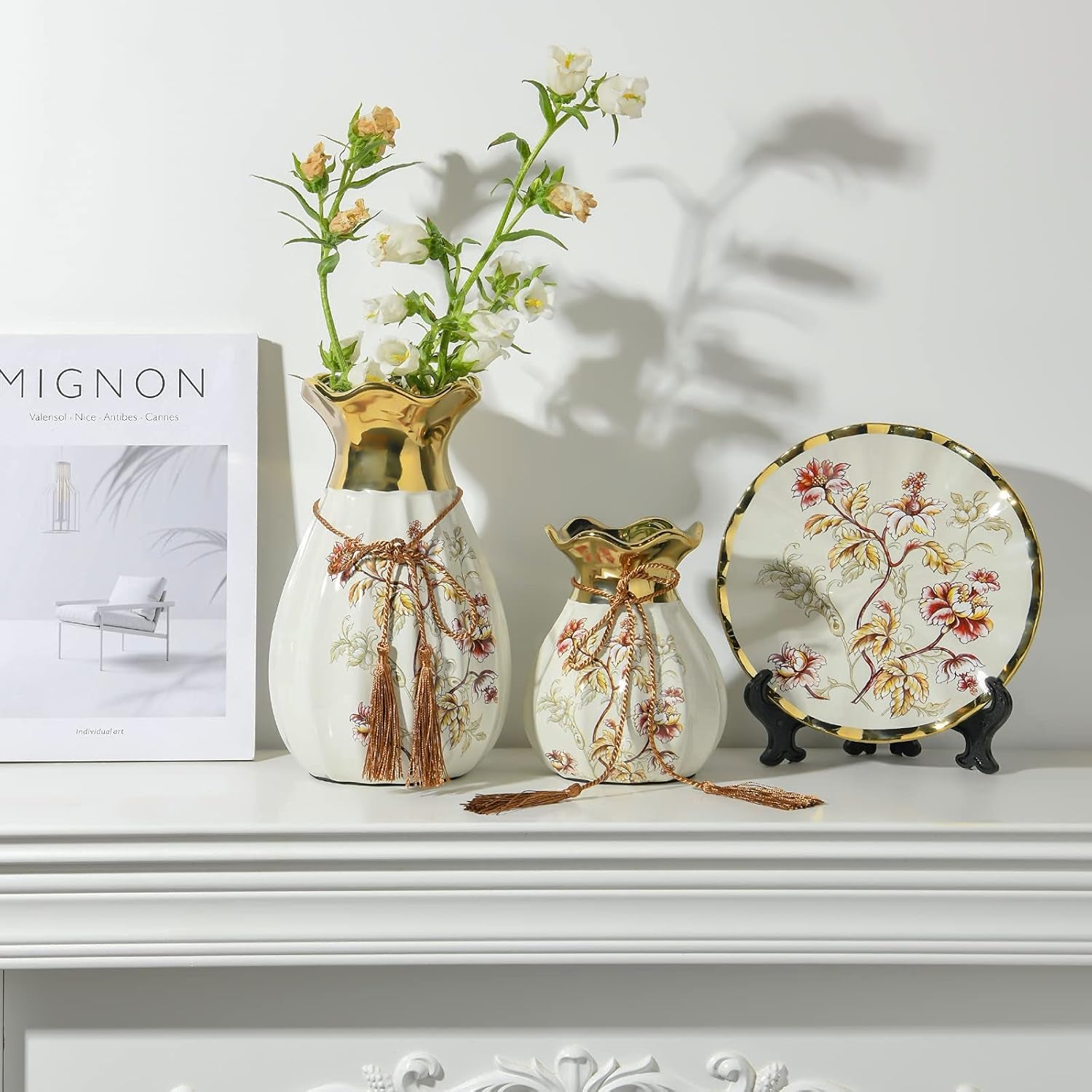 Ceramic Flower Vases Set of 3, Special Design Style of Flambed Glazed,Decorative Modern Floral Vase for Home Decor Living Room Centerpieces and Events White2