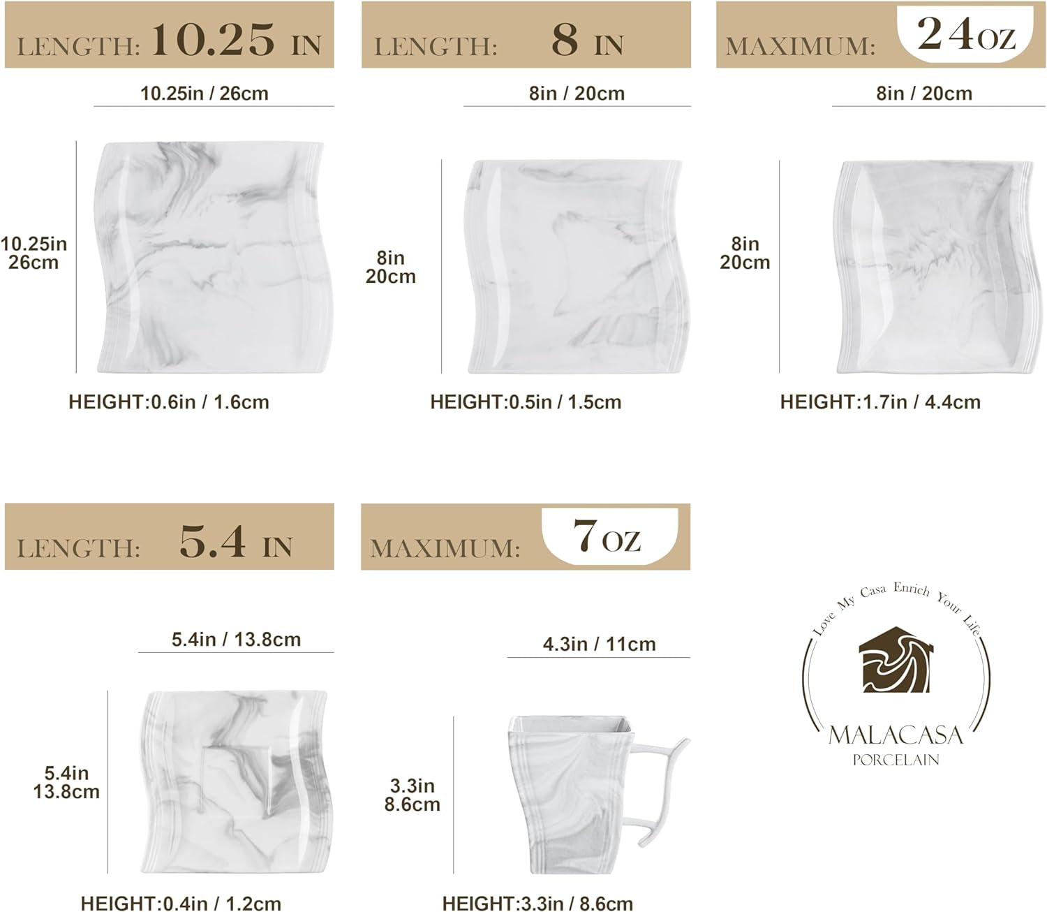 Plates and Bowls Sets, 30 Piece Porcelain Dinnerware Sets for 6, Square Dinnerware Set with Dinner Plate, Dessert Plate, Soup Plate, Cup and Saucer, Modern Dish Set, Marble Grey, Series Flora