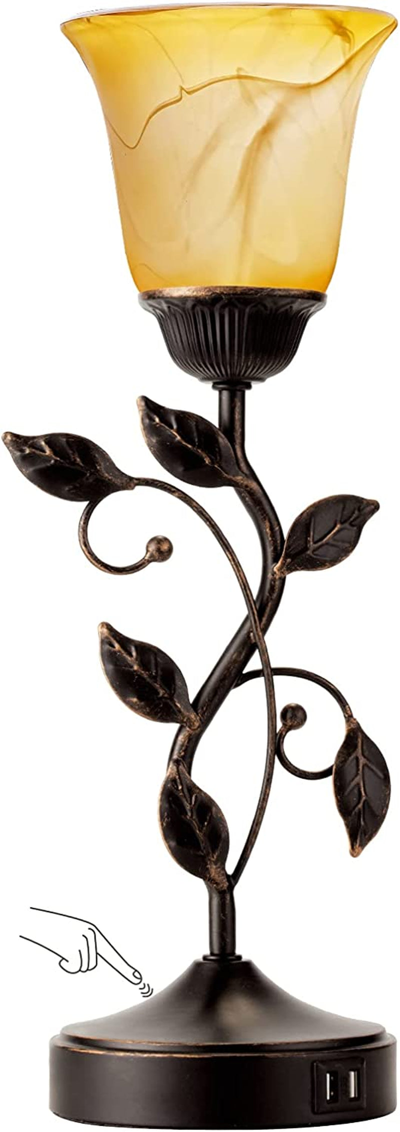 Touch Control Table Lamp with 2 USB Charging Ports, 3-Way Dimmable Bedside Nightstand Lamps, Amber Glass Shade Vintage Rural Leaf Lamp for Living Room, Bedroom, Dresser, LED Bulb Included (Bronze)