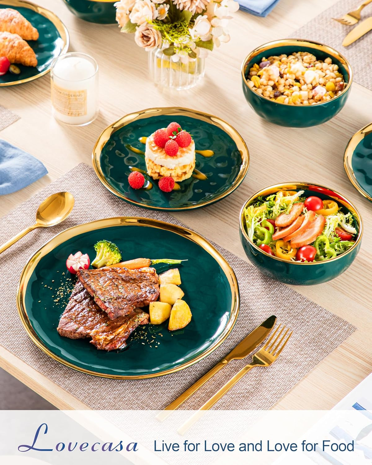 12 Pieces Plates and Bowls Sets, Porcelain Green and Gold Dinnerware Sets, round Dinner Plates Dishes Set Service for 4, Dishwasher Safe and Scratch Resistant, Green