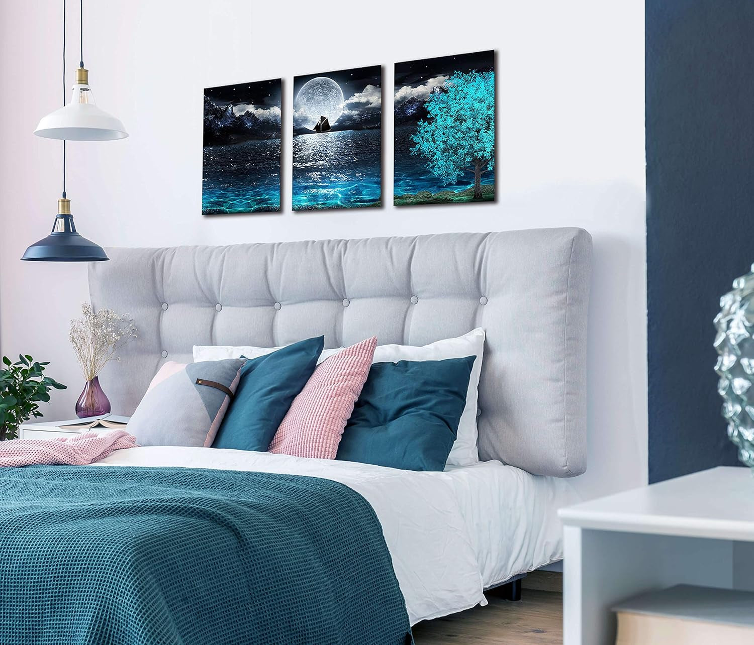 Moon Wall-Art - Teal Ocean Modern Decor Wall Decor for Living Room - Wall Art for Bedroom on Canvas Framed Size 12X16 Inches X3 Pieces