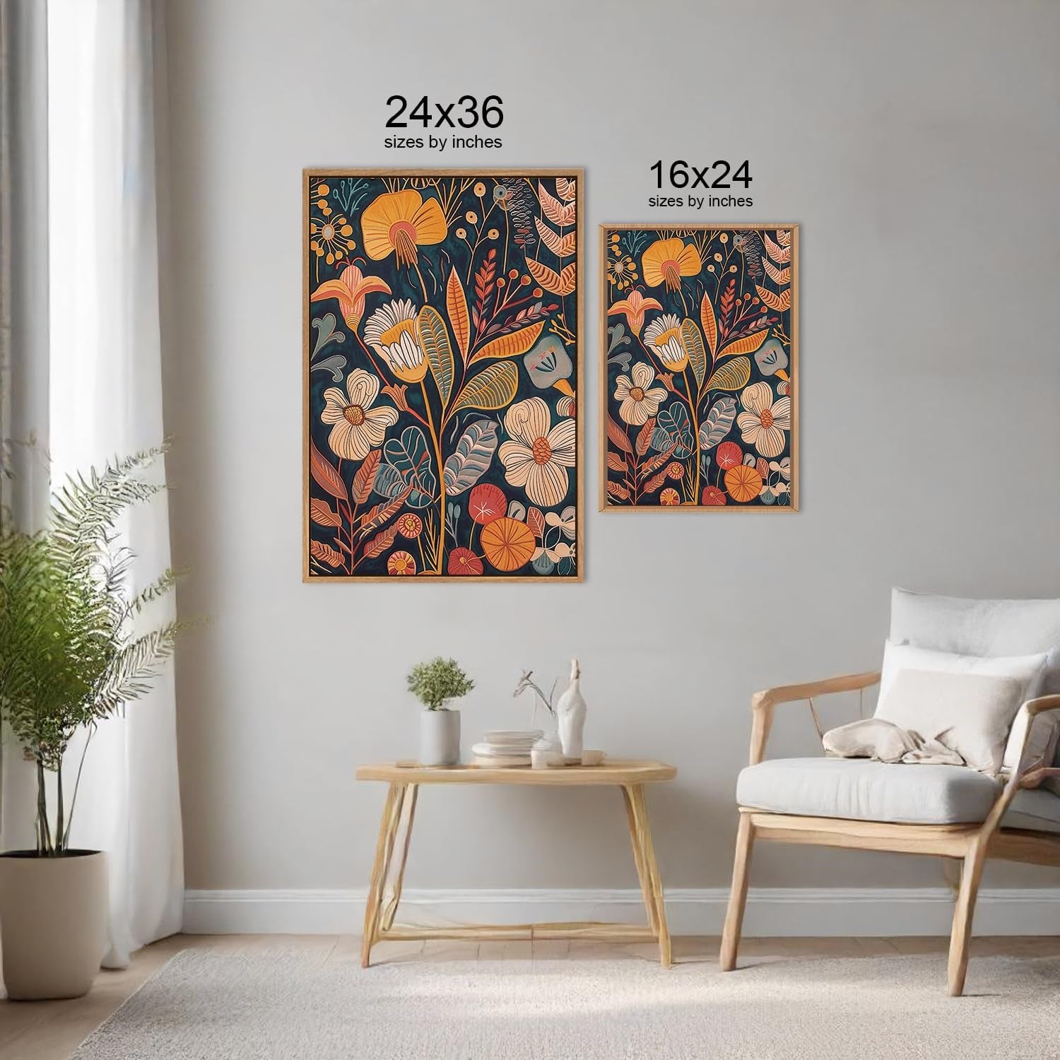 Burnt Orange Floral Framed Wall Art Set, Large Boho Botanical Canvas Wall Decor, Mid Century Modern Plant Wall Prints, 3 Piece 16X24 Inches Art Print for Living Room, Bedroom, Office