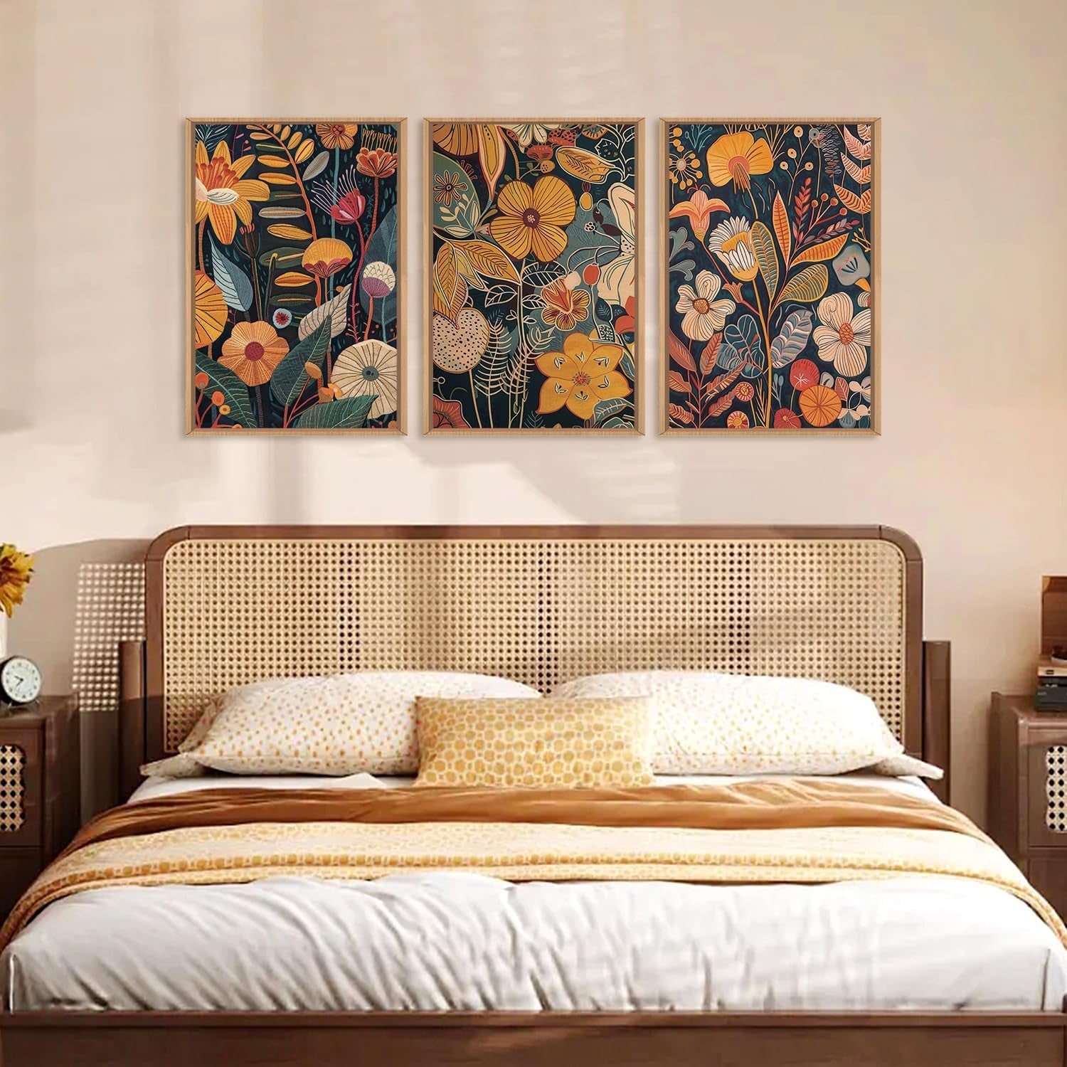 Burnt Orange Floral Framed Wall Art Set, Large Boho Botanical Canvas Wall Decor, Mid Century Modern Plant Wall Prints, 3 Piece 16X24 Inches Art Print for Living Room, Bedroom, Office