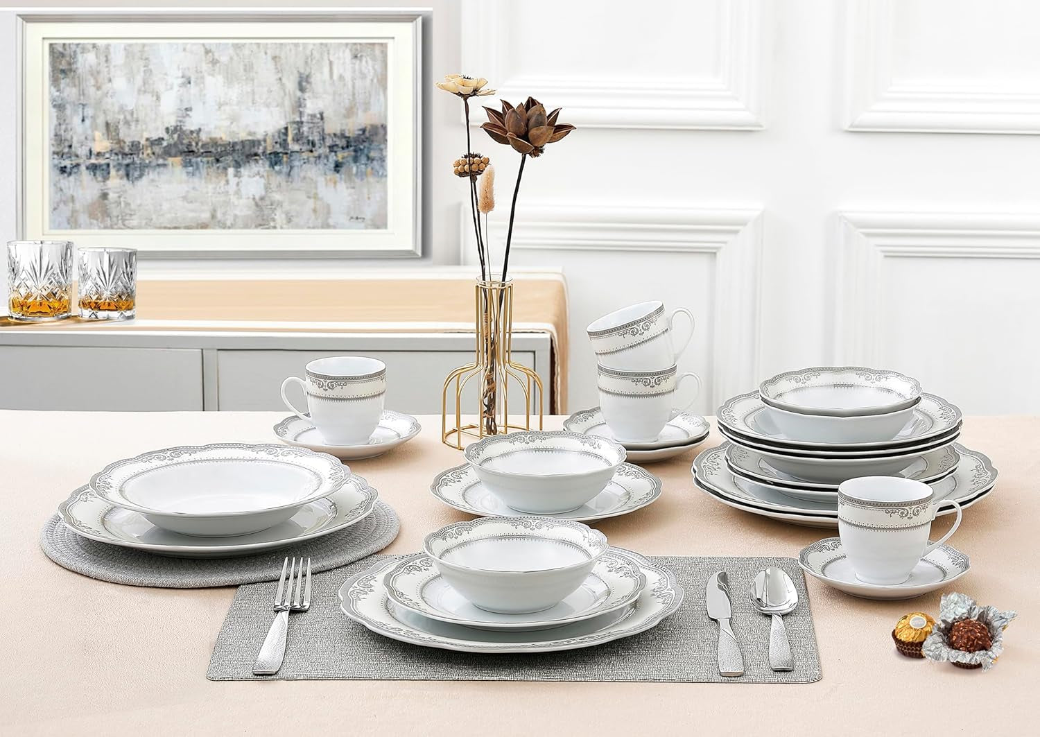 24 Piece Victoria Design Porcelain Wavy Edge Dinnerware Set, White