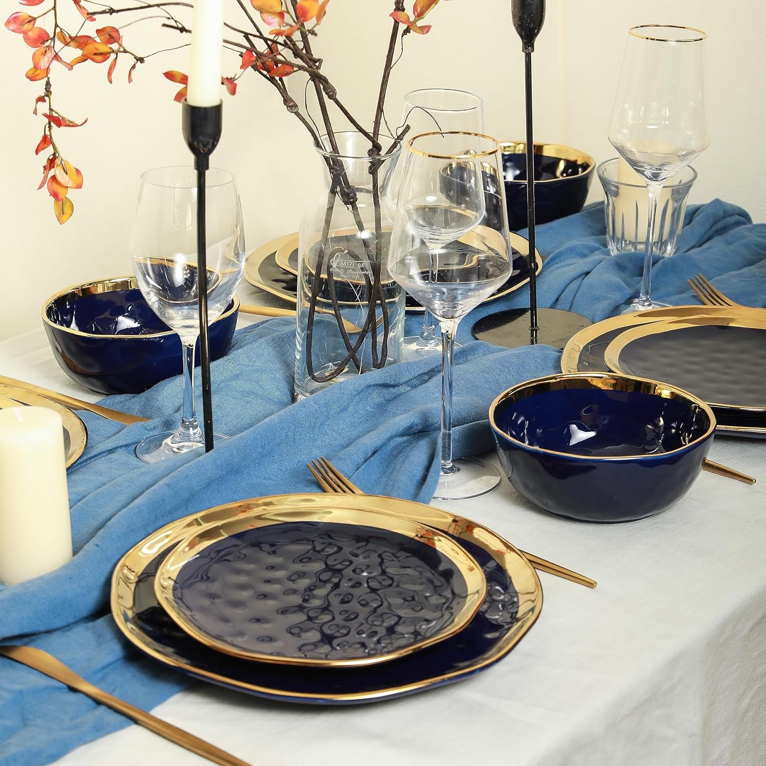 Porcelain 16 Piece Dinnerware Set, Service for 4, Blue and Golden Rim, Dark Blue