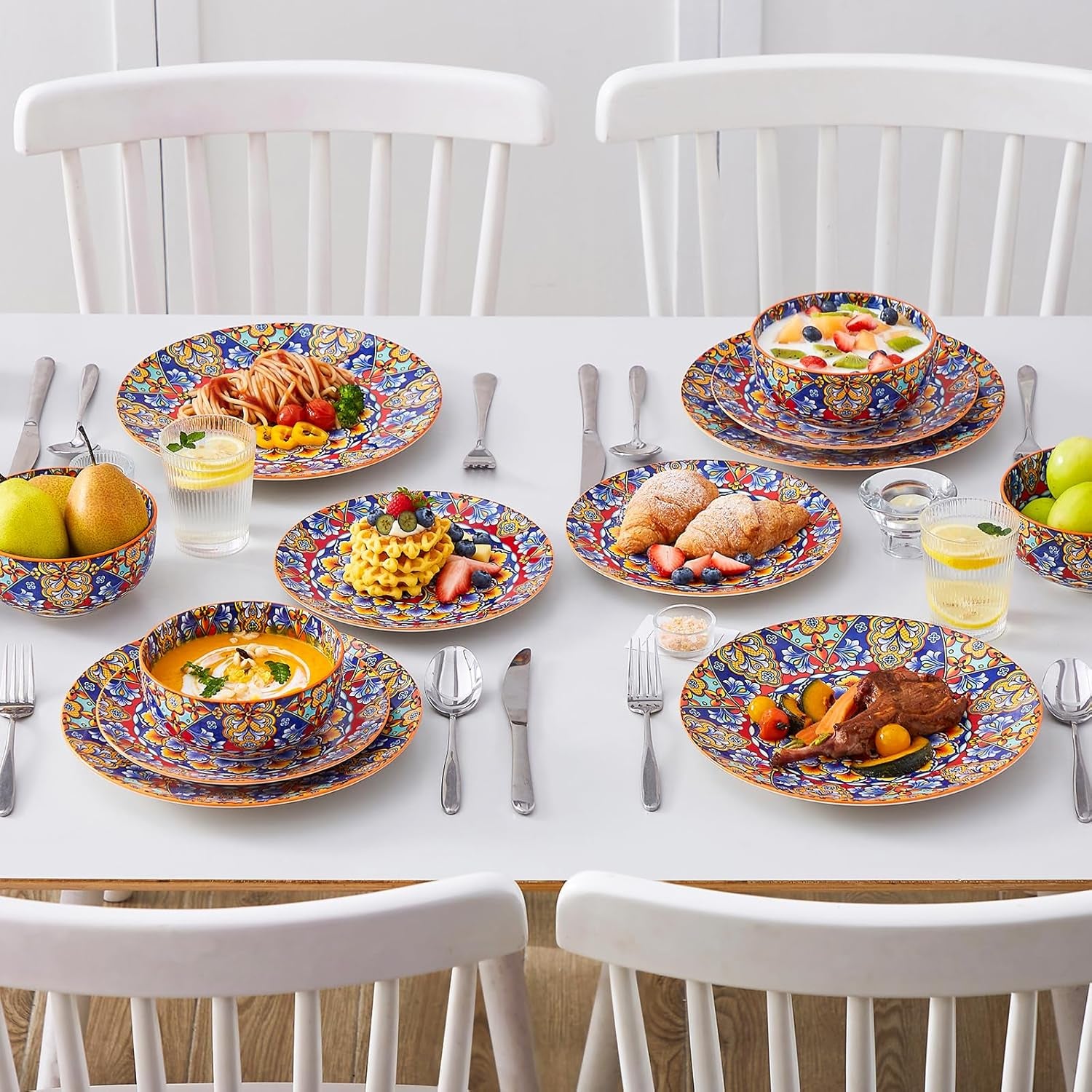 12 Pieces Dinnerware Sets, Orange Plates and Bowls Set, Porcelain Dishes Set for 4, Microwave and Dishwasher Safe, Scratch Resistant, Bohemian Style Dining Ware Service for 4, Series SIMI