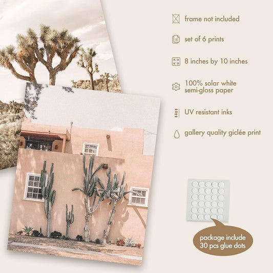 Dsert Wall Art Prints, Western Cactus Wall Decor, Boho Wall Decor for Bedroom Aesthetic, Set of 6, 8X10 Inches, Unframed