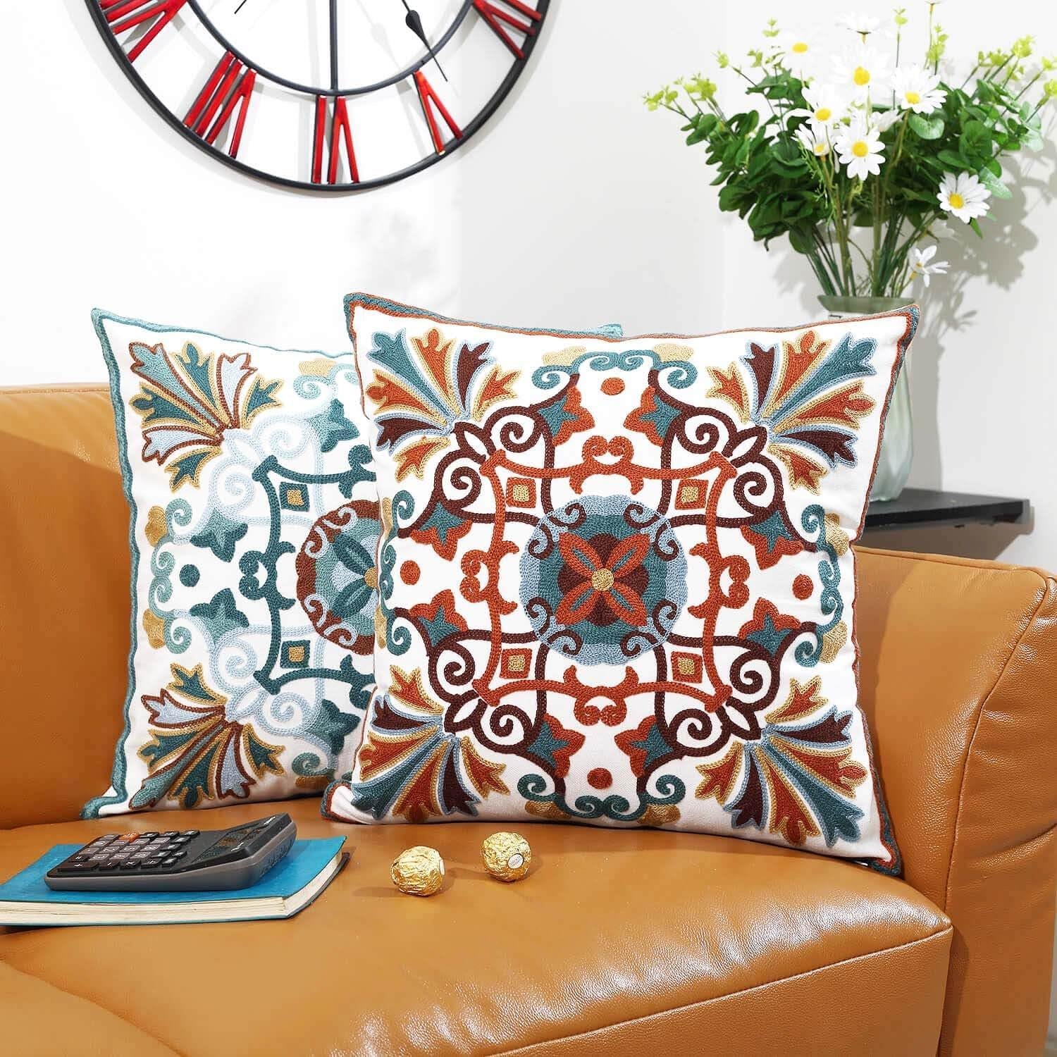 Decorative Couch Pillow Covers for Living Room 18X18 Inches Set of 2 Embroidered Pattern Square Throw Pillows Case Cover for Sofa Bed Chair