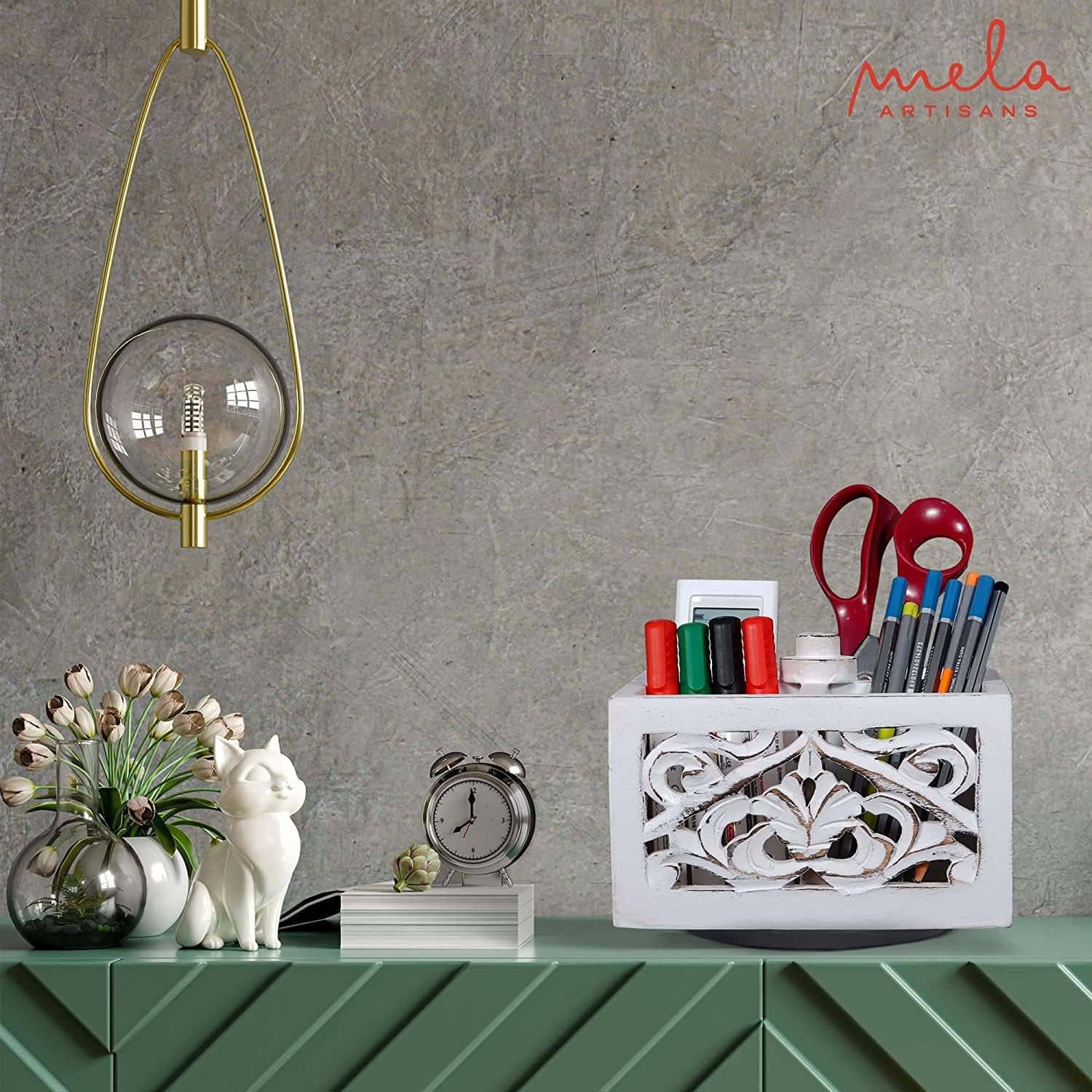 Spinning Wooden Pen Holder - Ellora, Shabby White | Pencil Cups for Desktop Organization | Rustic Farmhouse Decor | Elegant Office Desk Accessories | 4 Storage Compartments