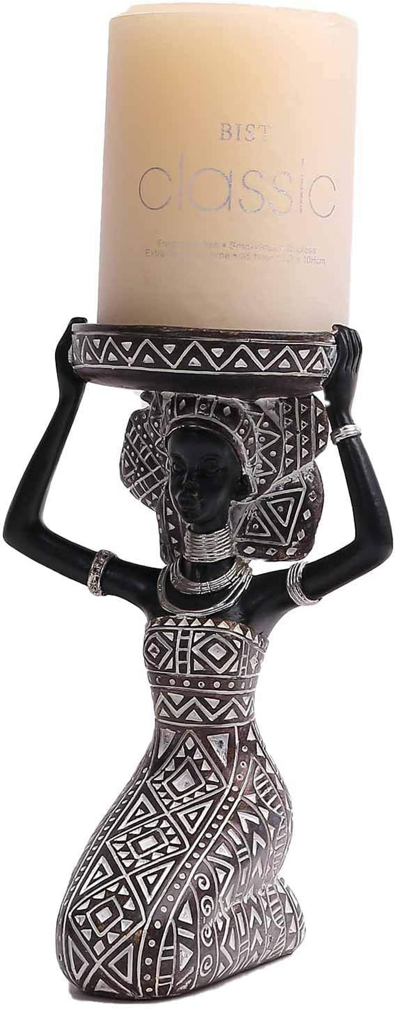 African Lady Figurine Candle Holder with African Tribal Totem for Wedding, Holiday Decor-African Decorative Women Statues, Candlestick Holder for Home and Table Decor(753-Black)