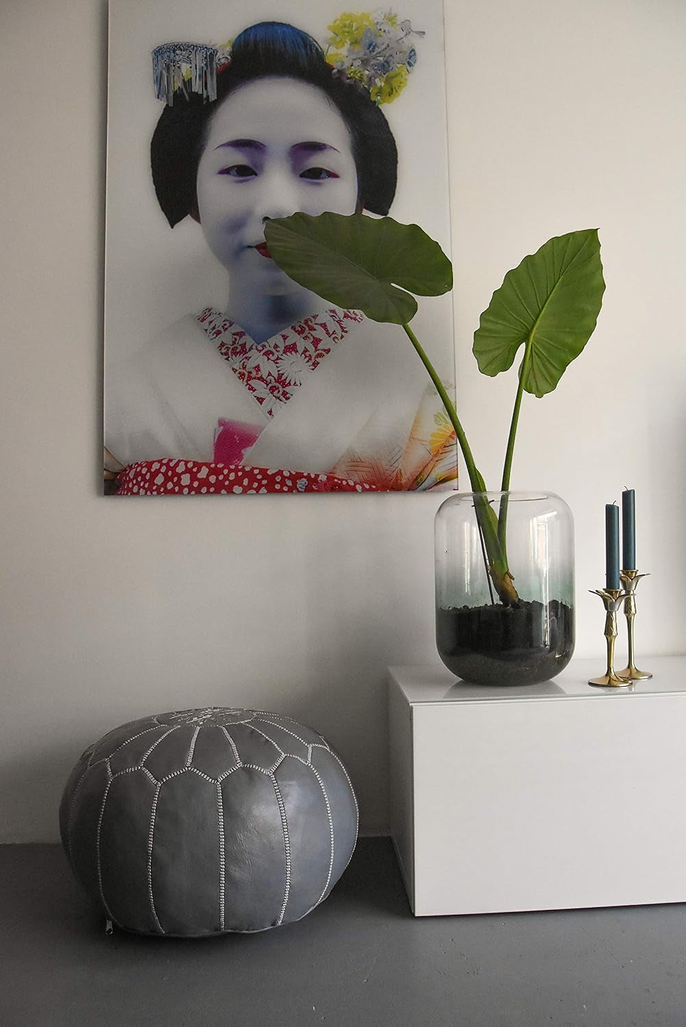 Premium Moroccan Leather Pouf - Handmade - Delivered Stuffed - Ottoman, Footstool, Floor Cushion (Grey)