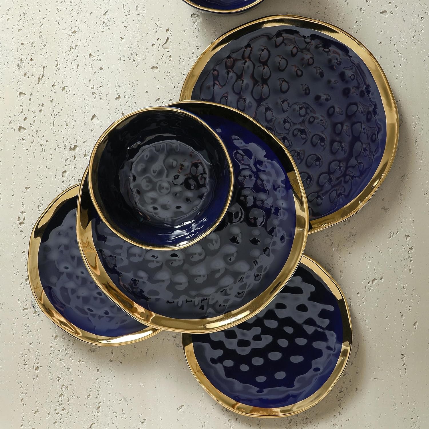Porcelain 16 Piece Dinnerware Set, Service for 4, Blue and Golden Rim, Dark Blue