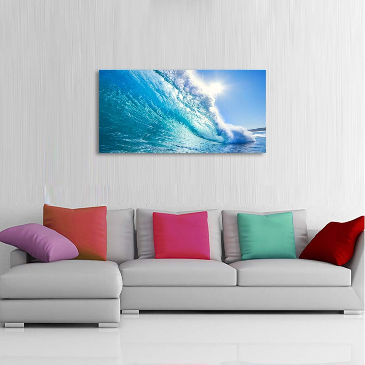 Blue Secape Canvas Prints Wall Art Blue Ocean Wave Surfing Sea Picture Paintings on Canvas Modern Canvas Art for Living Room Bedroom Office Wall Decorations Ready to Hang-24X48Inches