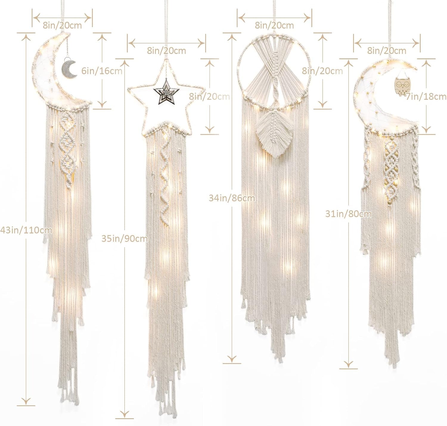 4 Pack Boho Dream Catcher Wall Decor Moon Dream Catcher Macrame Woven Wall Hanging Boho Home Decor Wall Art Beautiful Apartment Dorm Room Decor (Beige)