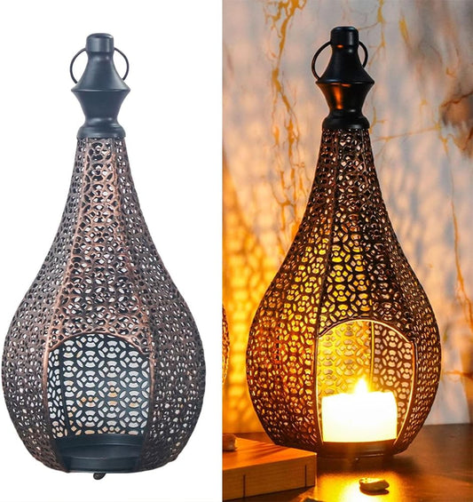 Moroccan Style Candle Lantern Holder, Moroccan Iron Cutout Candle Holder for Hanging or Table Outdoor, Patio or Porch, Indoor Home Decor
