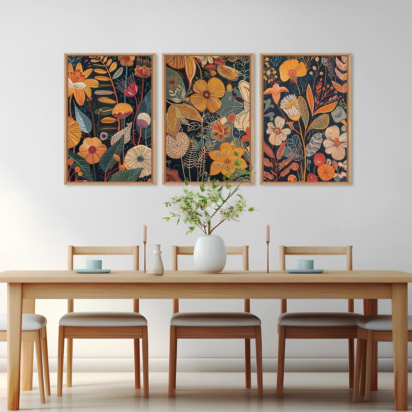 Burnt Orange Floral Framed Wall Art Set, Large Boho Botanical Canvas Wall Decor, Mid Century Modern Plant Wall Prints, 3 Piece 16X24 Inches Art Print for Living Room, Bedroom, Office