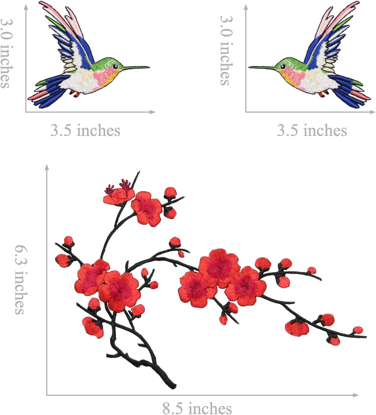 Ava Large Iron on Patches, Red Plum Blossom and Hummingbird Embroidered Patches for Clothes, Chinese Style Applique for Hats, Jeans, Backpacks, Decor for Happy and Hope