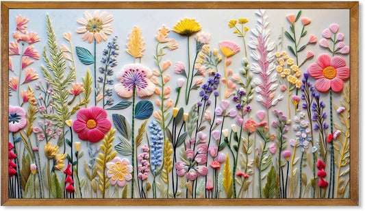 Framed Wall Art Vintage Decor,Photograph of Embroidered Flower Art for Tv,Spring Landscape Wall Art Prints,Colorful Flowers for Spring Aesthetic Wall Decor Living Room Bedroom,18"X10"