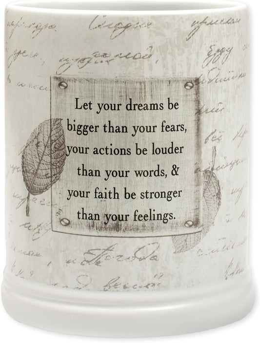 Dream Bigger Actions Louder Faith Stronger Grey Leaves White Ceramic Stone Jar Warmer