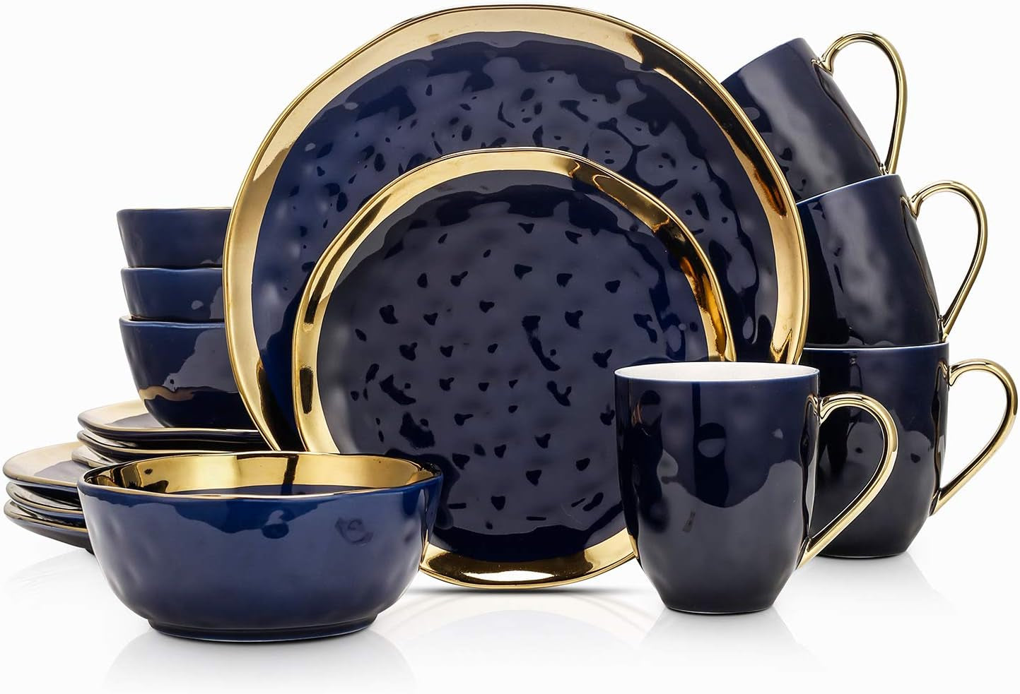 Porcelain 16 Piece Dinnerware Set, Service for 4, Blue and Golden Rim, Dark Blue