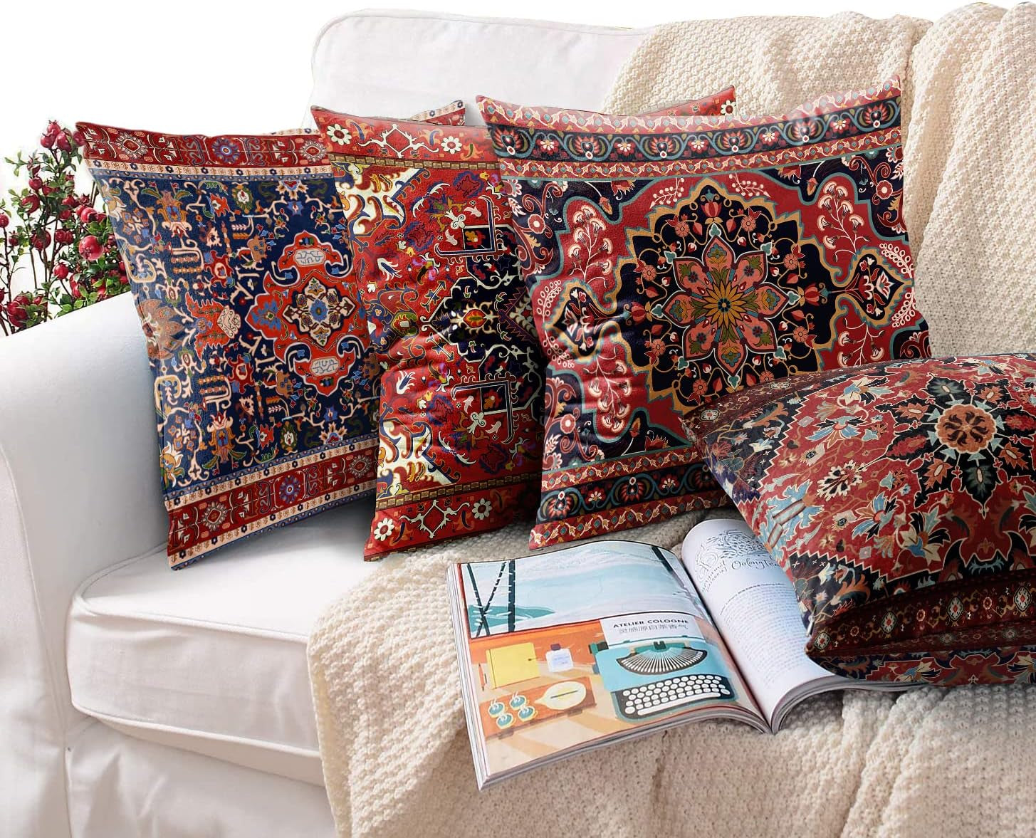 Throw Pillow Covers, Retro Tribal Ethnic Home Decor Set of 4 Pillow Cases, 18 X 18 Inches Sofa Cushion Couch Sofa Pillowcases Decorative