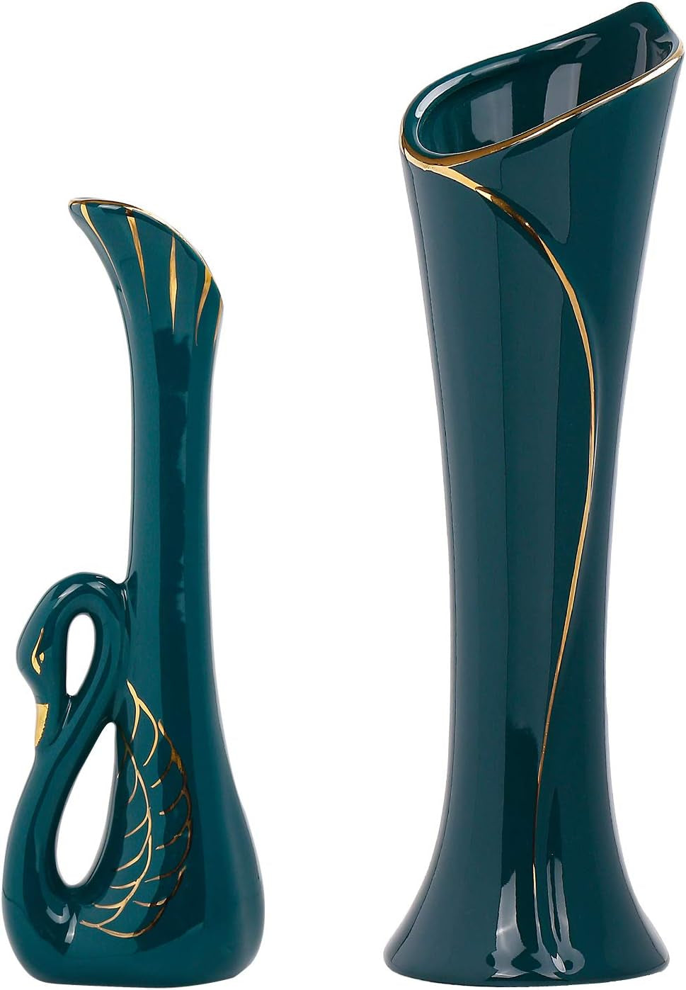 Set of 2 Ceramic Flower Vases, Retro Minimalism Ceramic Vases Elegant Swan Neck Shape Dry and Wet Flower Arrangement Vases for Home Decor, Green