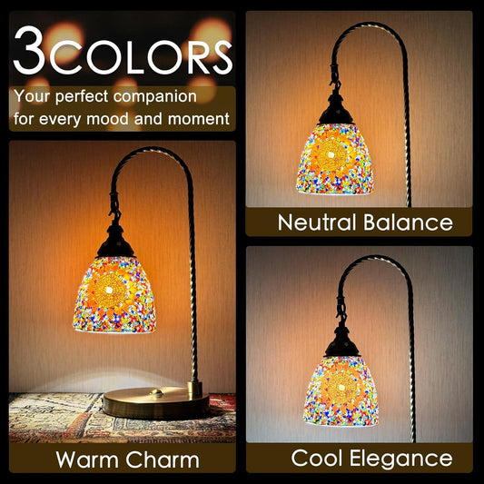 Turkish Moroccan Mosaic Bedside Lamp, 3 Colors, Tiffany Style, Bronze Base, Handmade Stained Mosaic Glass Table Lamp, Vintage, Night Light, Living Room Bedroom Decoration (LED Bulb Included)