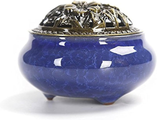 Incense Burner Bowl with Brass Lid + Incense Holder + Stand + Fire Mat for Stick or Tapered Disk Incense, for Home Decor Yoga Spa Meditation 4‘’ (Royal Blue)