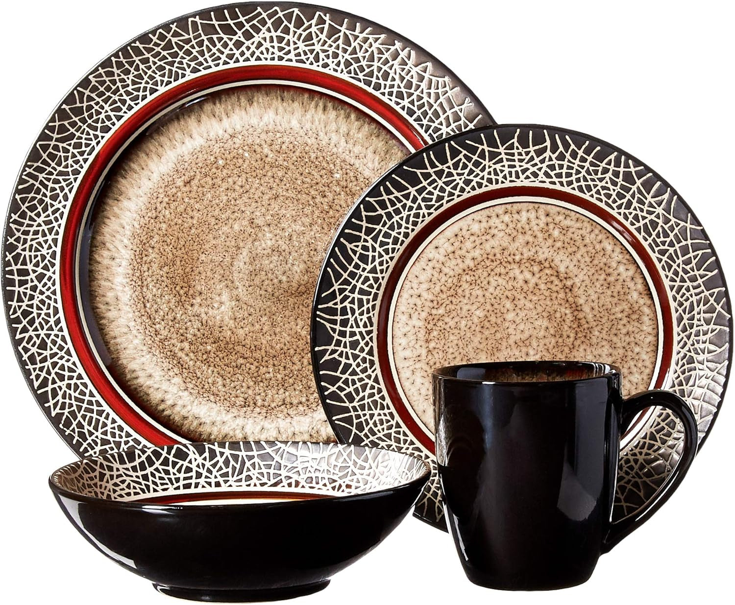 Markham Square Casual round Dinnerware Set – 16-Piece Stoneware Dinner Party Collection W/ 4 Dinner Plates, 4 Salad Plates, 4 Bowls & 4 Mugs – Unique Gift Idea, Brown, 11X11X4"