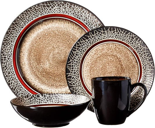 Markham Square Casual round Dinnerware Set – 16-Piece Stoneware Dinner Party Collection W/ 4 Dinner Plates, 4 Salad Plates, 4 Bowls & 4 Mugs – Unique Gift Idea, Brown, 11X11X4"