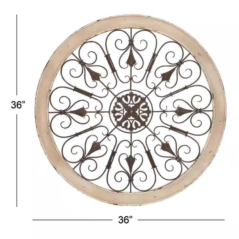 36 In. X 36 In. Wood White Window Inspired Scroll Wall Decor with Metal Scrollwork Relief