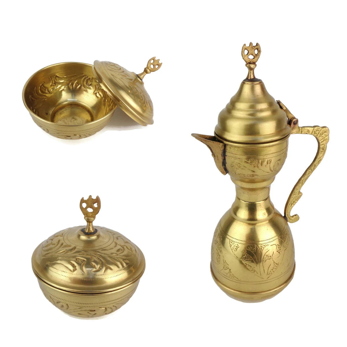 Antique Brass Coffee Set with Tray, Vintage Arabic Coffee Set, Engraved Moroccan Set with Tray and Pot
