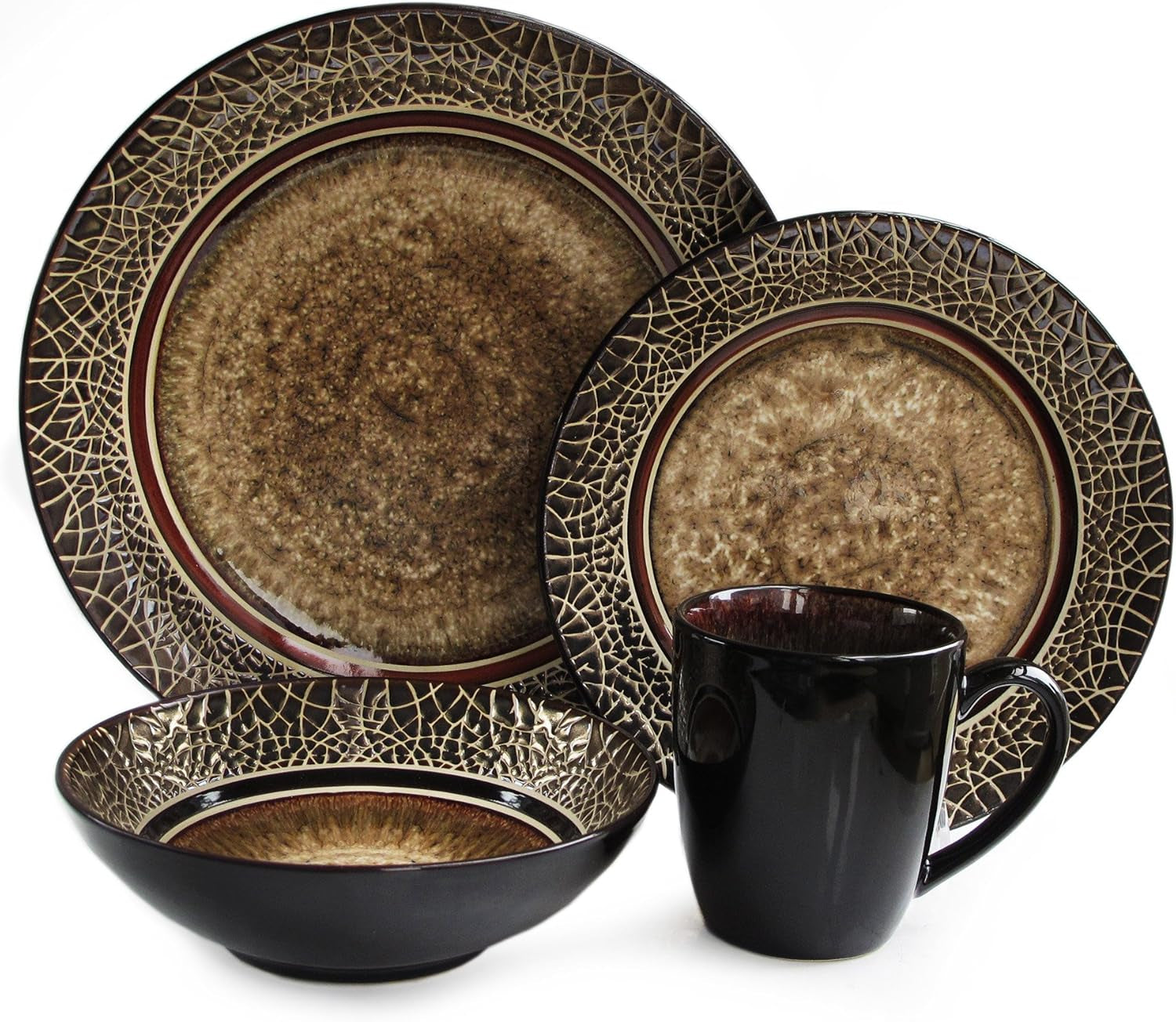 Markham Square Casual round Dinnerware Set – 16-Piece Stoneware Dinner Party Collection W/ 4 Dinner Plates, 4 Salad Plates, 4 Bowls & 4 Mugs – Unique Gift Idea, Brown, 11X11X4"