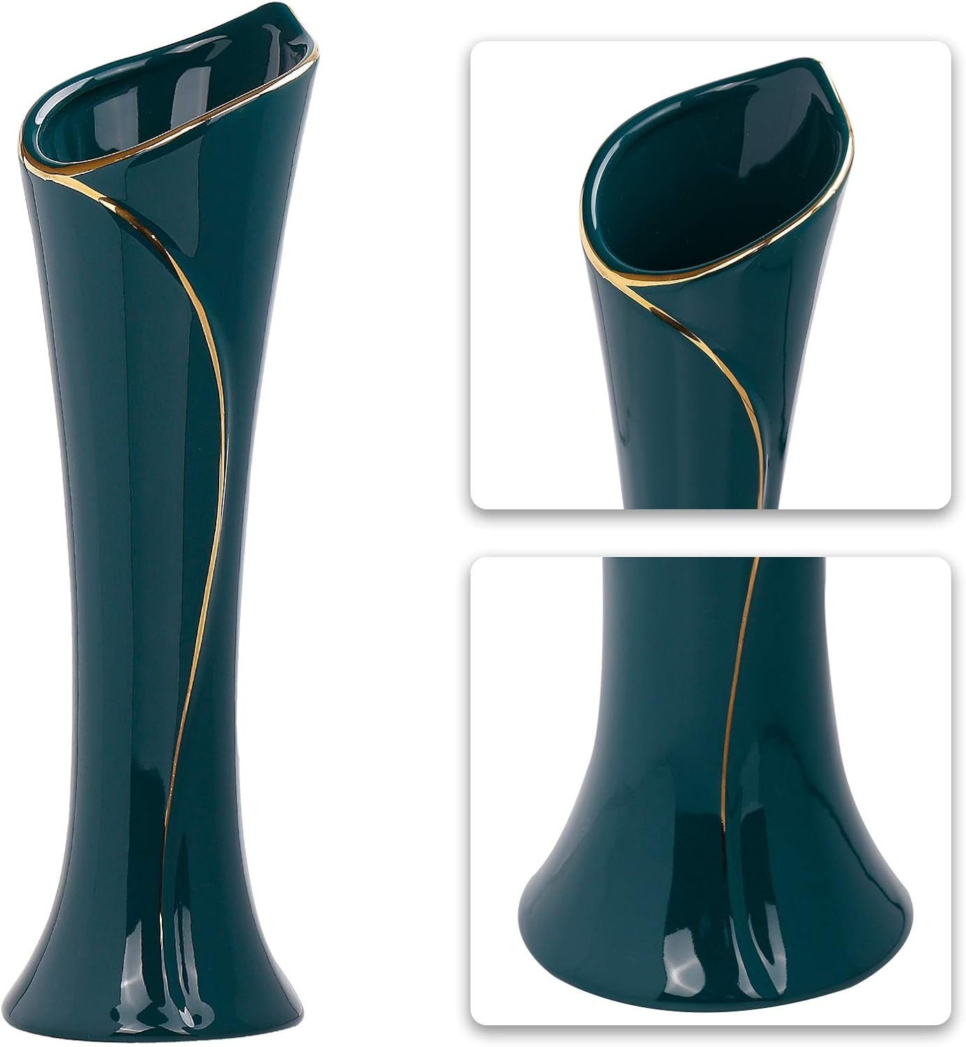 Set of 2 Ceramic Flower Vases, Retro Minimalism Ceramic Vases Elegant Swan Neck Shape Dry and Wet Flower Arrangement Vases for Home Decor, Green