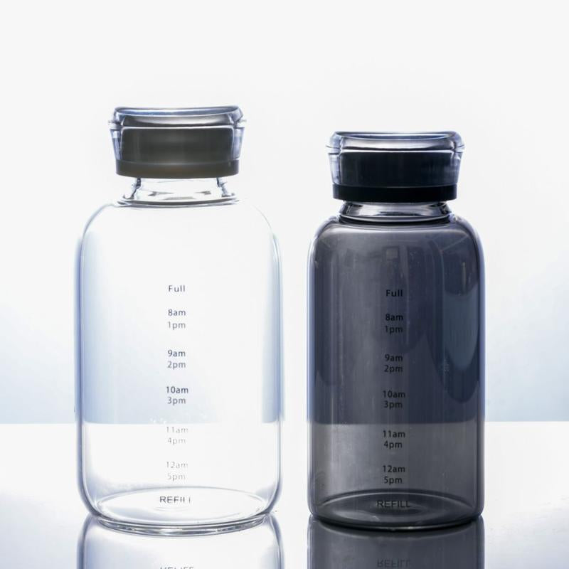 Time-Scale Borosilicate Glass Water Bottle, Two Lids & Straw, Temperature Resistant, 10Oz/15Oz/23Oz, Gray/Transparent