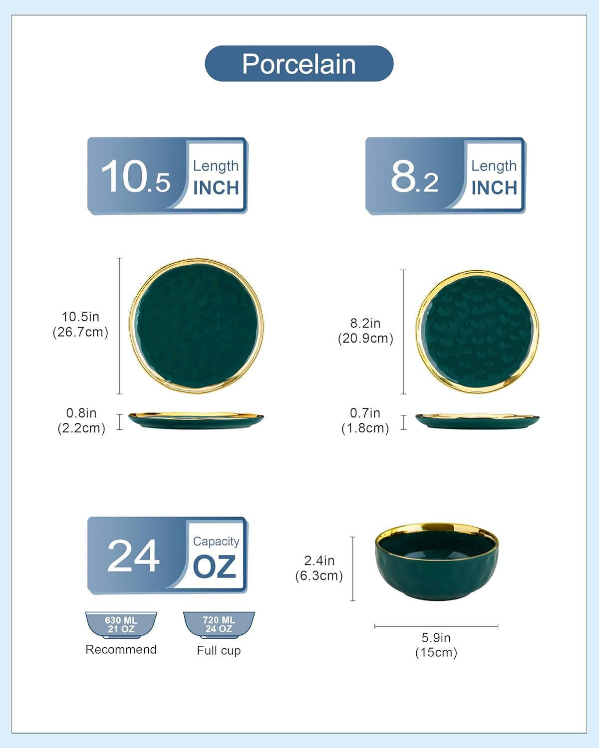12 Pieces Plates and Bowls Sets, Porcelain Green and Gold Dinnerware Sets, round Dinner Plates Dishes Set Service for 4, Dishwasher Safe and Scratch Resistant, Green