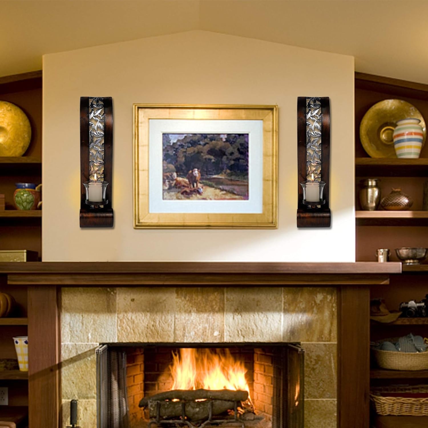 Wall Sconce 14.4 X 3.5 Inch, with Tea Light Candle Holder Antique Bronze Style Metal Wall Art Decorations for Living Room, Bathroom, Dining Room and Office, Set of 2