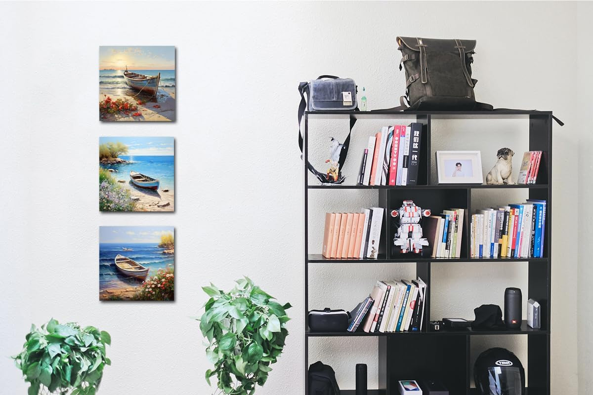 Boat Wall Art Coastal Bathroom Wall Decor Beach Framed Painting 12X12 Inch