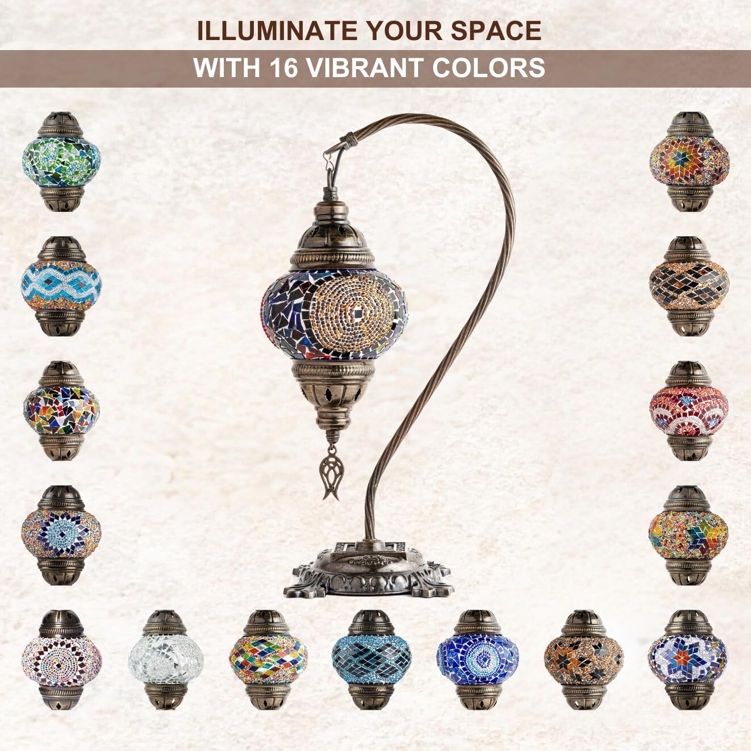 Handmade Turkish Moroccan Mosaic Lamp – Stunning Glass Swan Neck Design with Antique Brass Base, Perfect for Bedroom, Office, and Living Room – Includes Bulb (Red & Navy Central Circles)